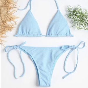 Ribbed String Bikini Set - Light Sky Blue M